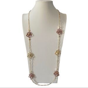 Carol Dauplaise Shiny Gold & Polymer Clay Flower Necklace on XL Gold Chain.